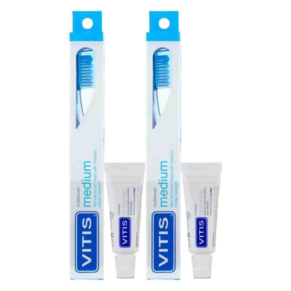2x Vitis Tandenborstel + Mini Tandpasta Whitening