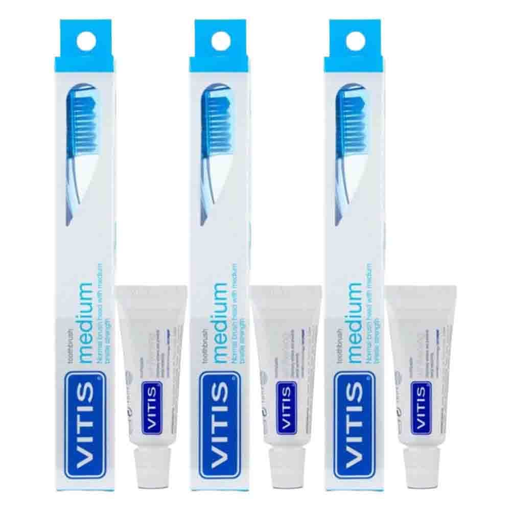 3x Vitis Tandenborstel + Mini Tandpasta Whitening