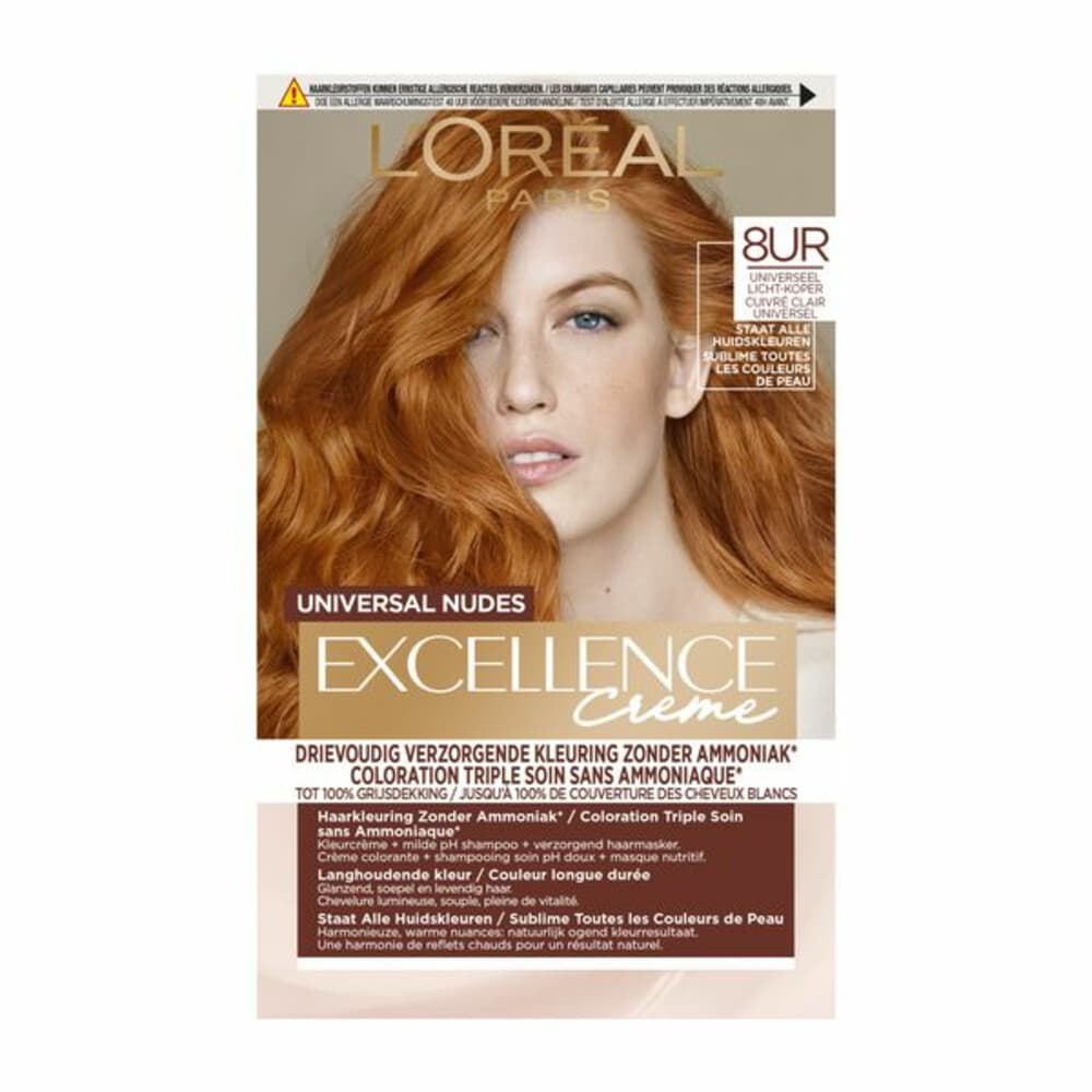 1+1 gratis: L'Oréal Excellence Crème Universal Nudes Permanente Haarkleuring 8UR Universeel Licht-Koper