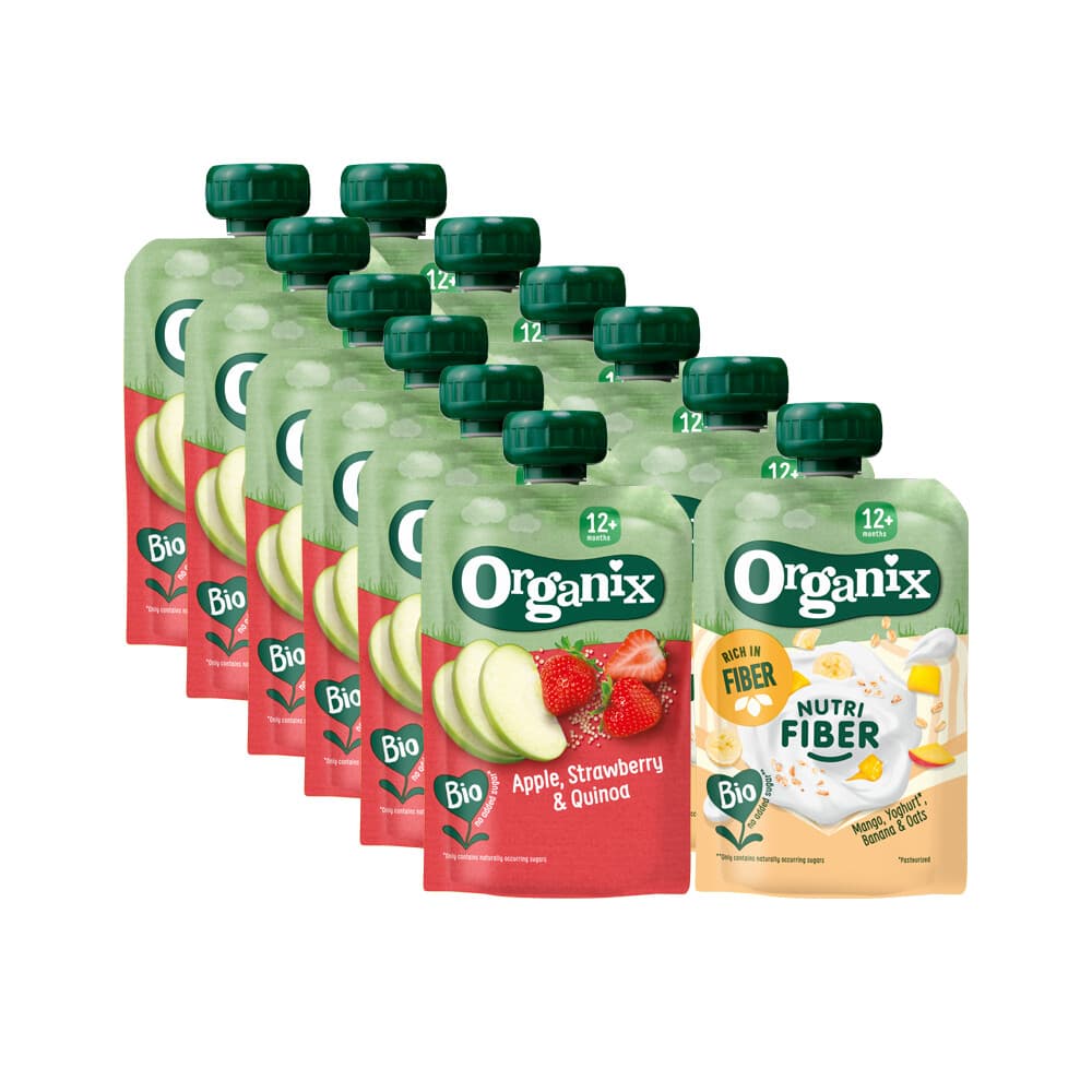 Knijpfruitpakket 12+m - Appel Aardbei&Quinoa 6x 100 gr&Nutri Fiber Mango Yoghurt Banaan 6x 100 gr - Pakket