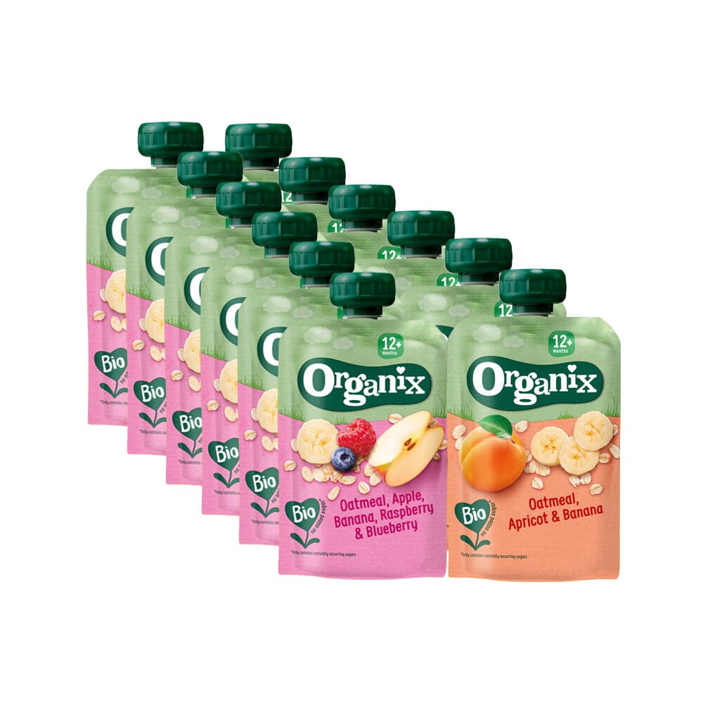 Knijpfruitpakket 12+m Haver - Havermout Abrikoos&Banaan 6x 100 gr&Havermout Appel Banaan Framboos&Bosbes 6x 100 gr - Pakket Pakket