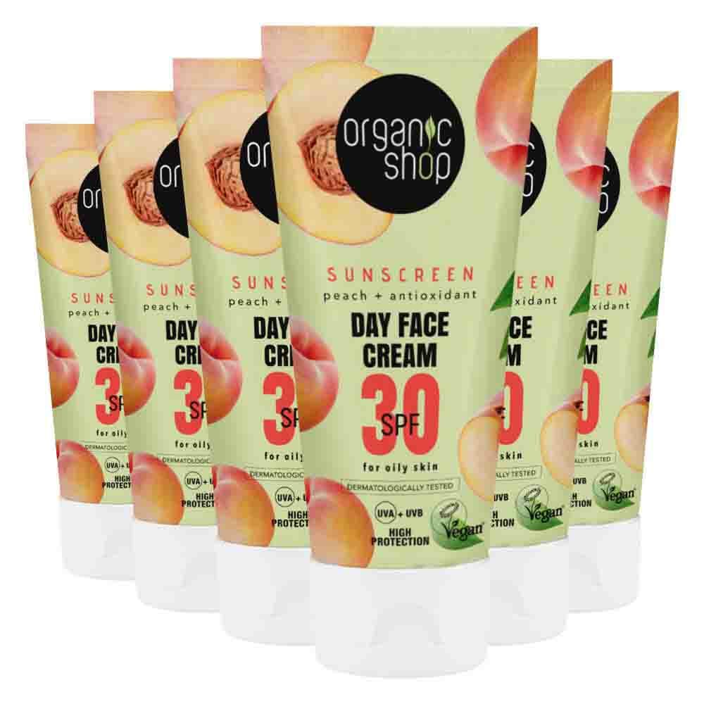 6x Organic Shop Zonnebrandcréme Gezicht SPF 30 Vette huid 50 ml