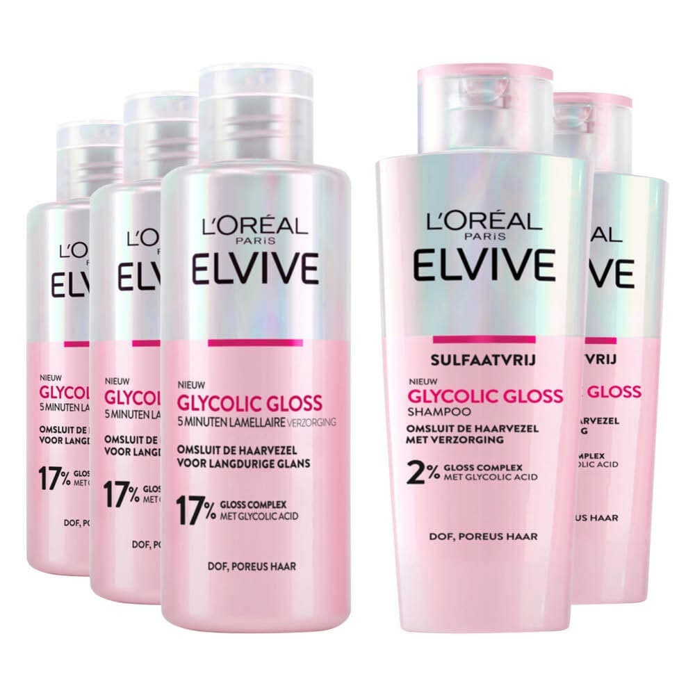 L'Oréal Elvive Glycolic Gloss - Shampoo 3 x 200 ml&Conditioner 2 x 200 ml - Pakket