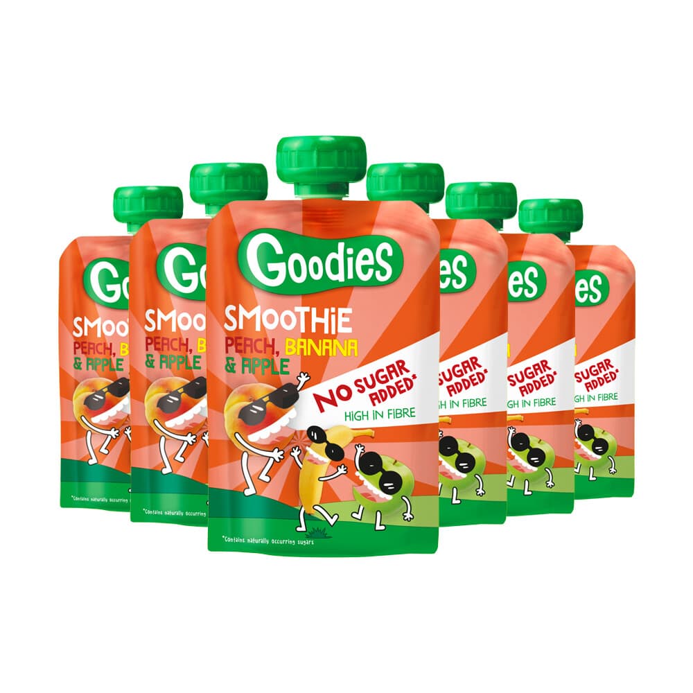 2e halve prijs: 6x Goodies Knijpfruit Smoothie Perzik, Banaan&Appel 100 gr