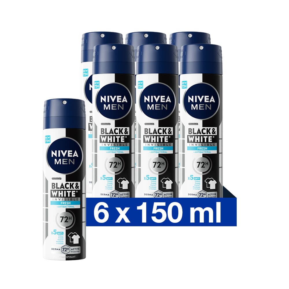 6x NIVEA Men Deodorant Spray Invisible for Black&White Fresh 150 ml