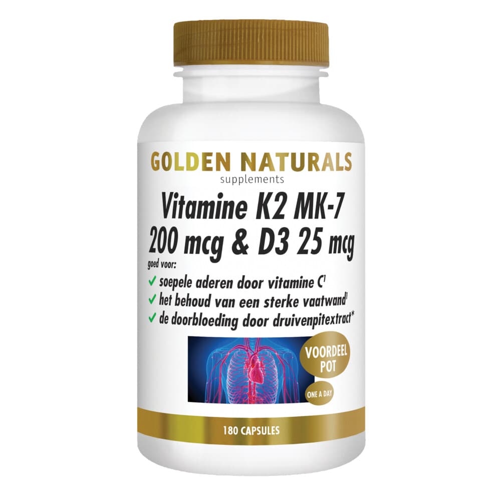Gratis Verzending: 2x Golden Naturals Vitamine K2 200 mcg&D3 26mcg 180 vegacapsules