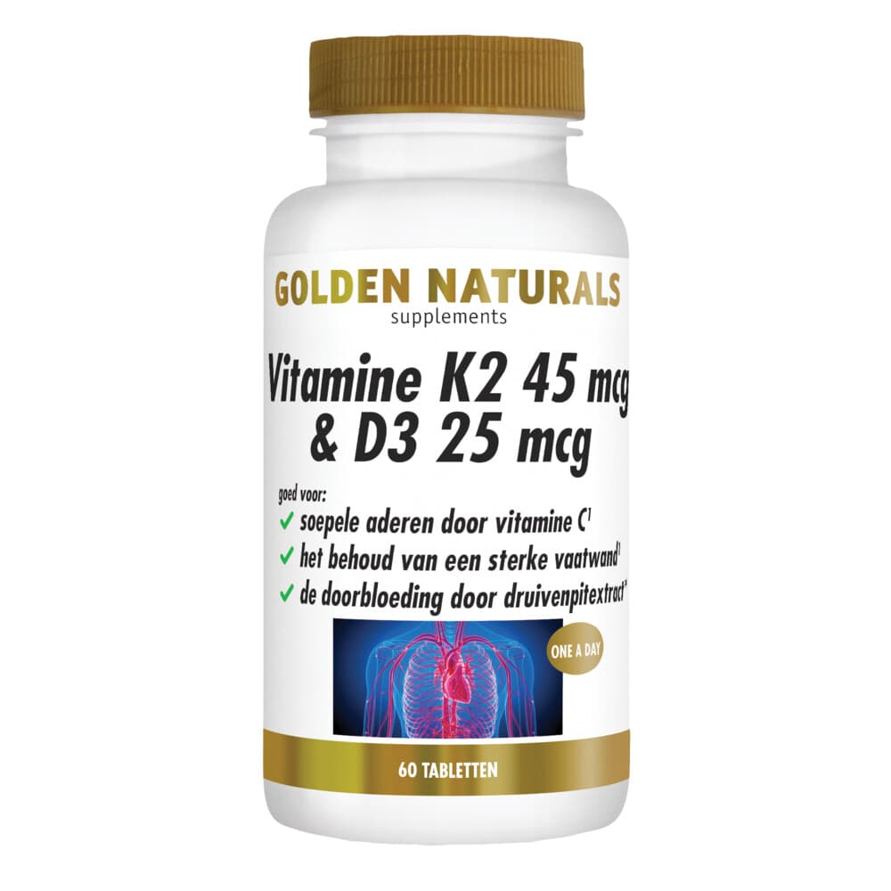 Gratis Verzending: Golden Naturals Vitamine K2 45 mcg&D3 25mcg Vegan 60 tabletten