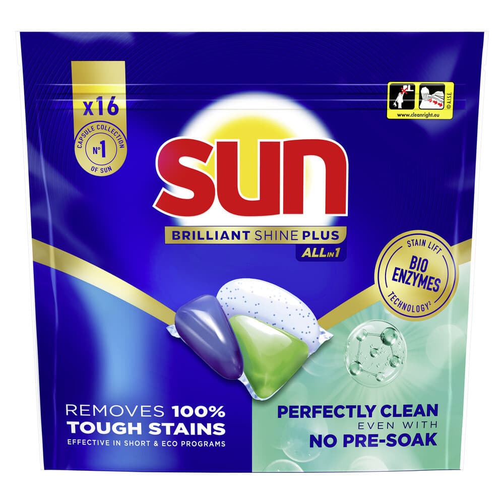 2+1 gratis: Sun Brilliant Shine+ All-in 1 Vaatwascapsules 16 stuks