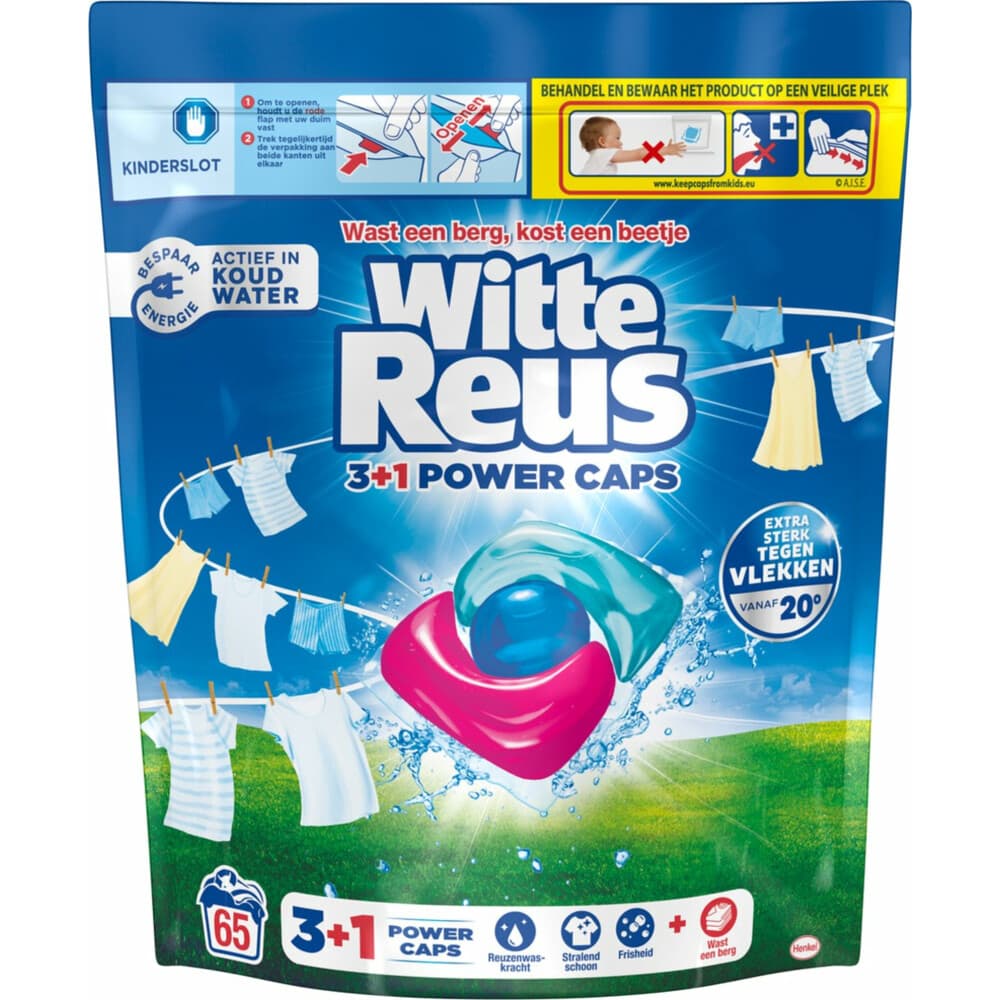 Witte Reus Wasmiddelcapsules 3+1 Power Caps Wit en lichtgekleurd 65 beurten