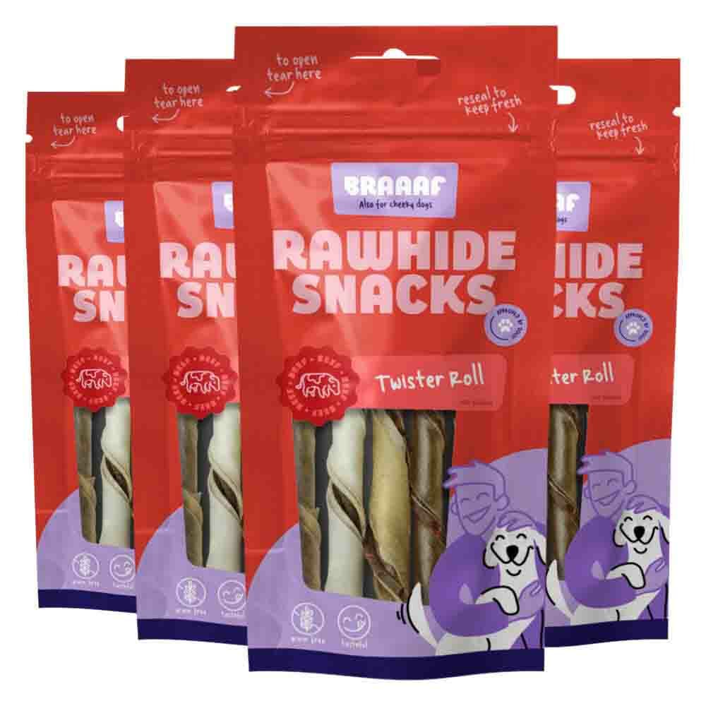 4x Braaaf Hondensnack Twister Rolls 14 cm 100 gr