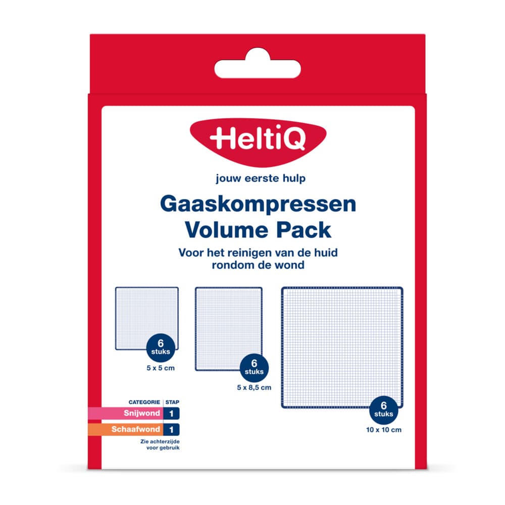 HeltiQ Gaaskompressen Volume Pack 6 stuks 5x5cm + 6 stuks 5x8,5cm + 6 stuks 10x10cm 18 stuks