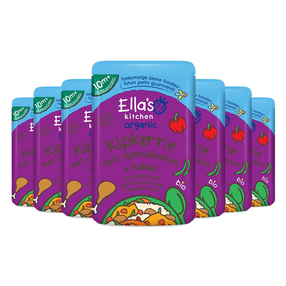 7x Ella's Kitchen Maaltijdzakje 10+ m Kipkerrie Sperziebonen Kokos 190 gr