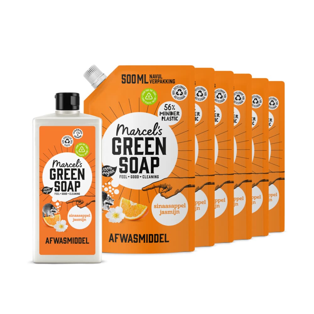 Marcel's Green Soap Afwasmiddel Sinaasappel&Jasmijn + 6 Navullingen Pakket