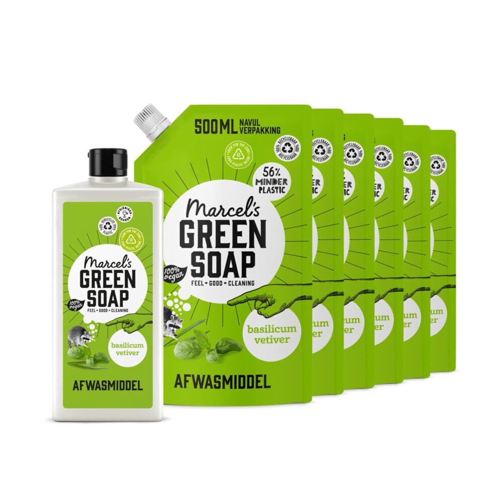 Marcel's Green Soap Afwasmiddel Basilicum&Vertivert Gras + 6 Navullingen Pakket