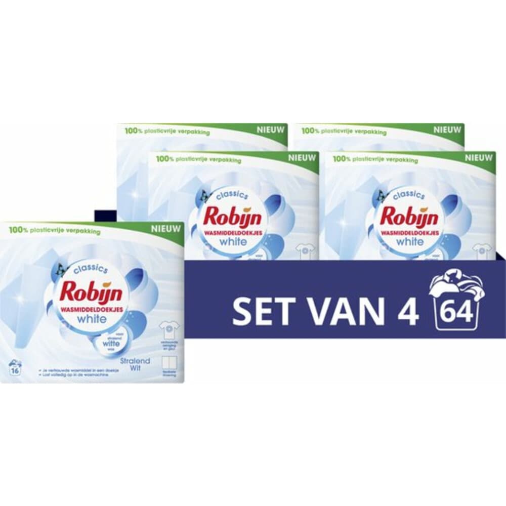 4x Robijn Wasmiddeldoekjes Stralend Wit 16 stuks