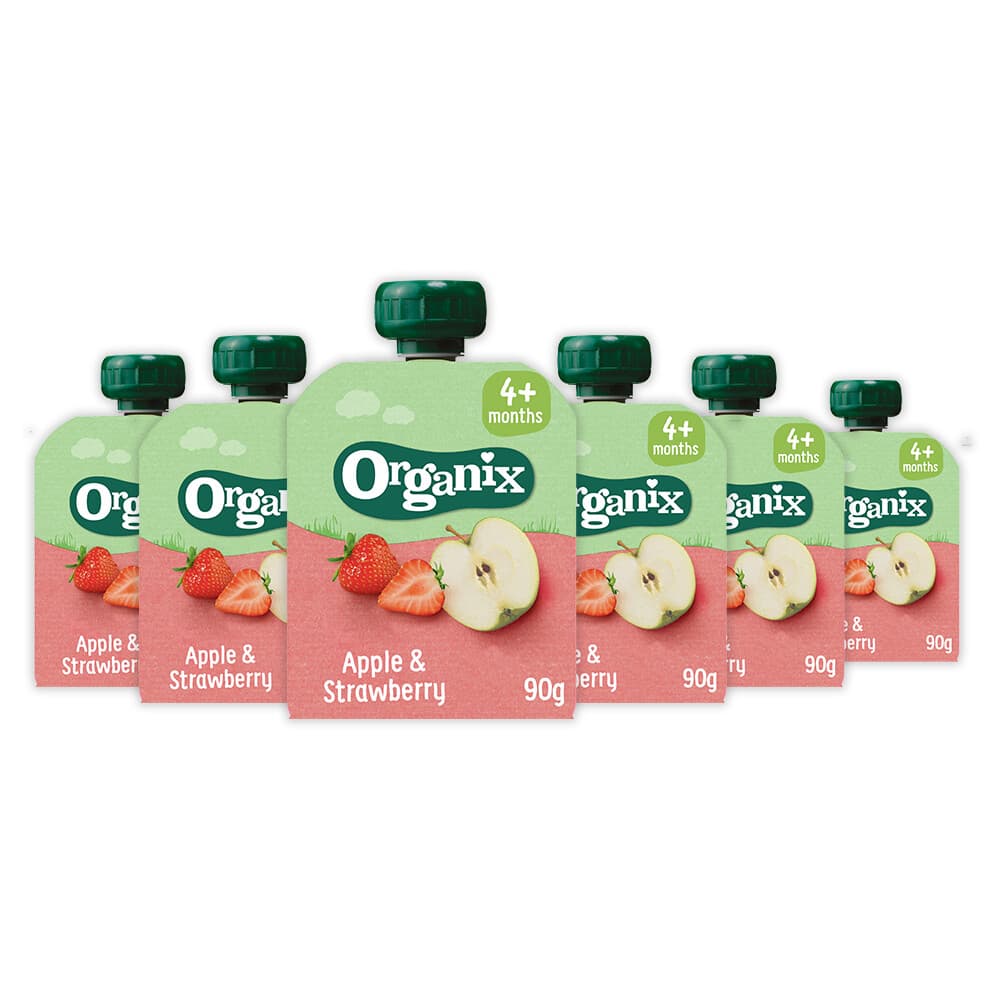 2e halve prijs: 6x Organix Knijpfruit 4+m Appel&Aardbei 90 gr