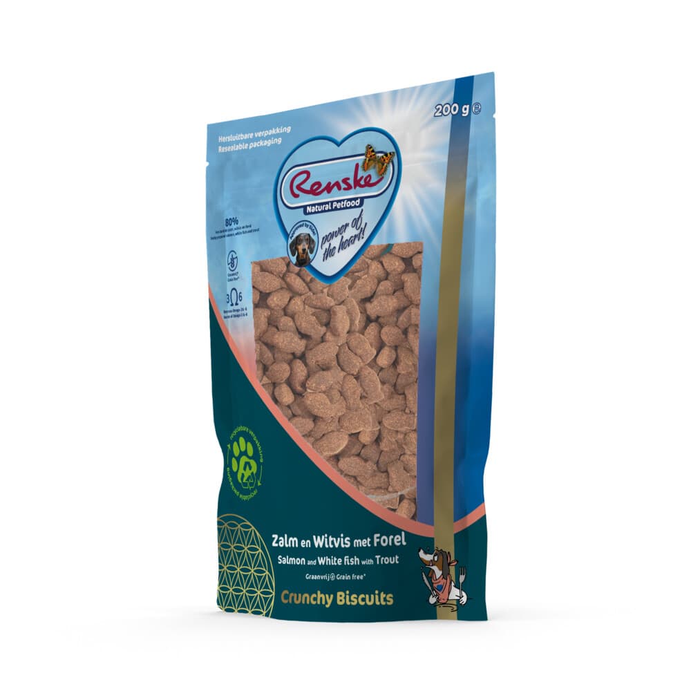 6x Renske Gezonde Beloning Crunchy Hondensnack Zalm&Witvis&Forel 200 gr