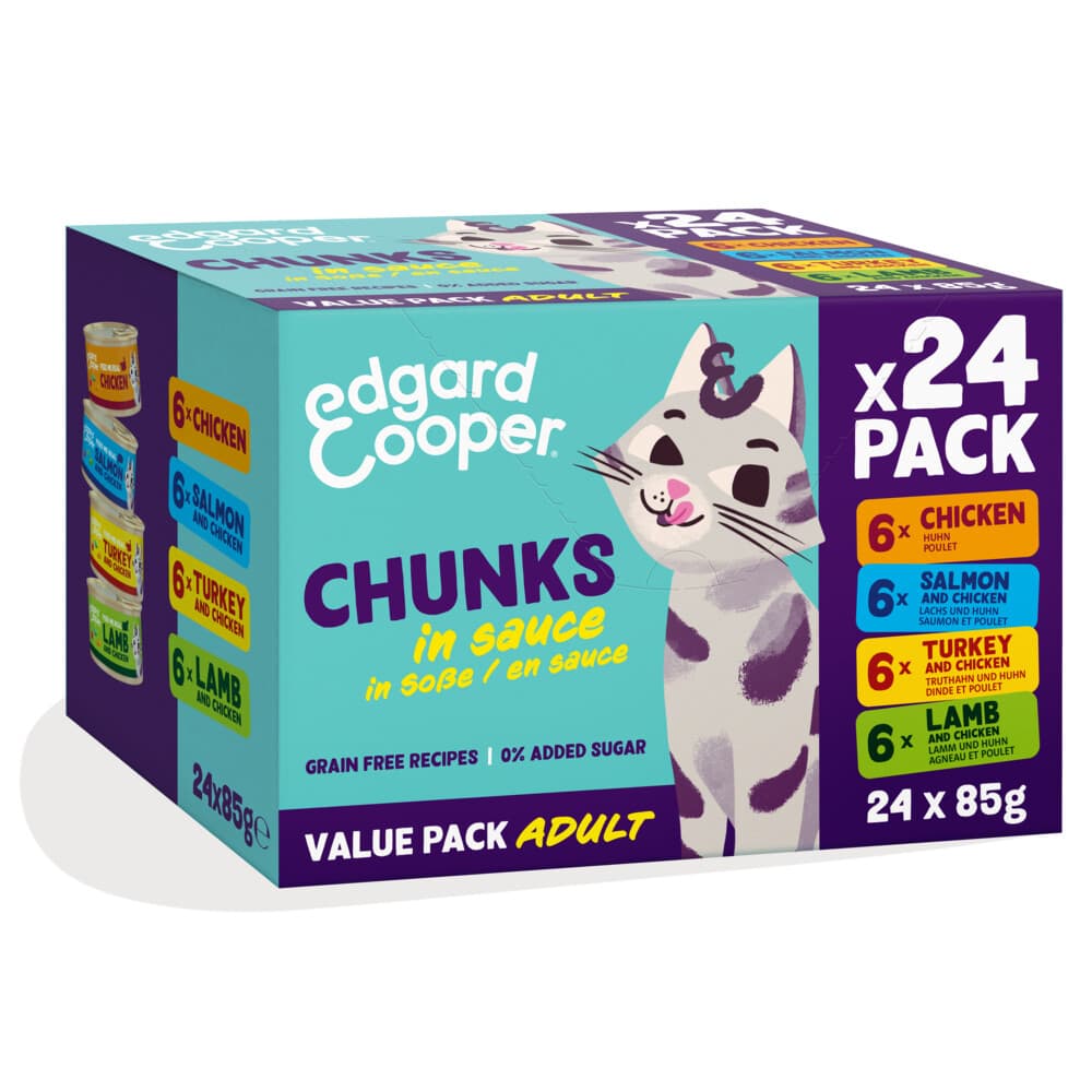 Edgard&Cooper Adult Chunks Kattenvoer Nat Kip&Zalm&Kalkoen&Lam 24 x 85 gr
