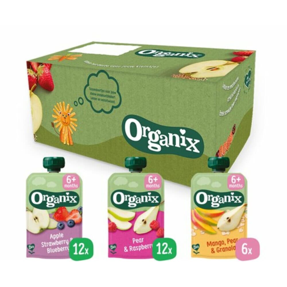 Organix Knijpfruit Maandbox 6+ mnd - Appel Aardbei&Blauwe Bes 12 x 100 gr + Peer&Framboos 12 x 100 gr + Mango Peer&Granola 6 x 100 gr Pakket