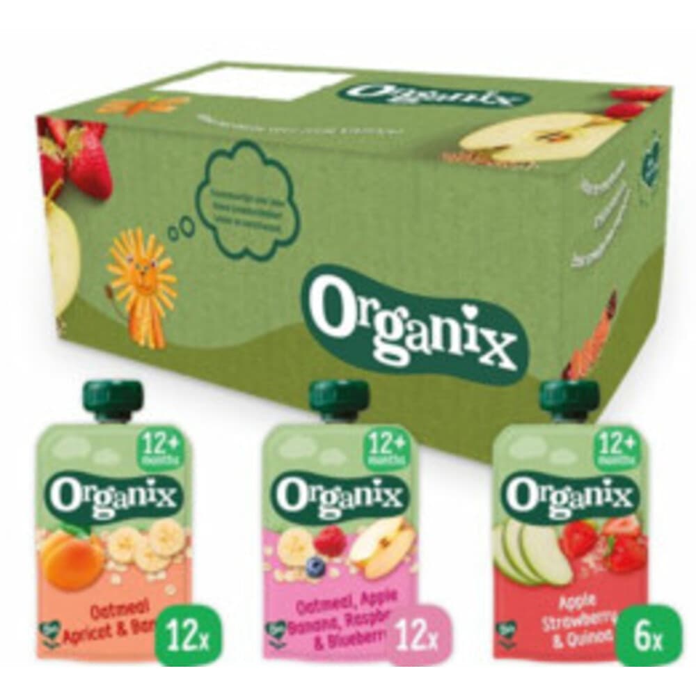 Organix Knijpfruit Maandbox 12+ mnd - Havermout Abrikoos&Banaan 12 x 100 gr + Haver Appel&Banaan 12 x 100 gr + Appel Aardbei&Quinoa 6 x 100 gr Pakket