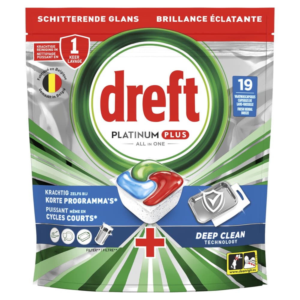 2+1 gratis: Dreft Vaatwastabletten Platinum Plus All In One Deep Clean 19 stuks