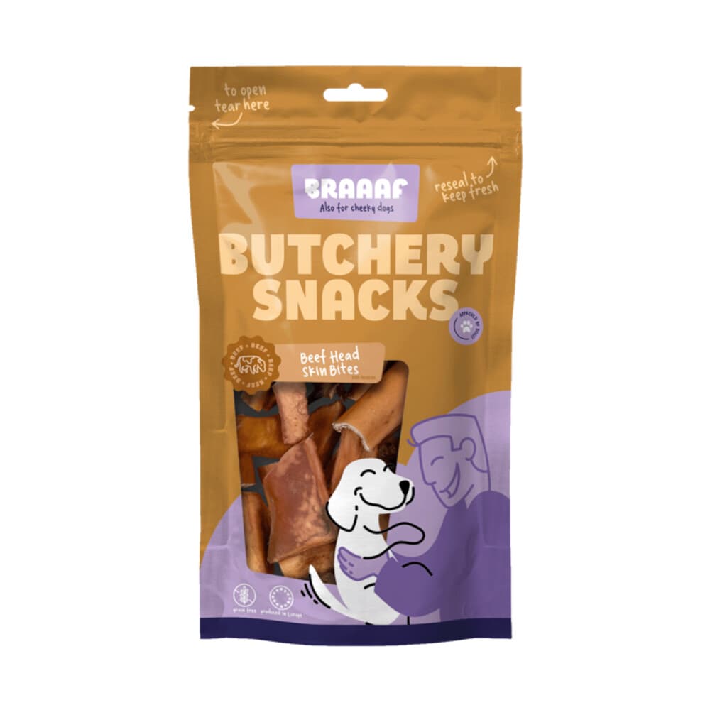 10x Braaaf Hondensnack Butchery Beef Head Skin Bites 150 gr