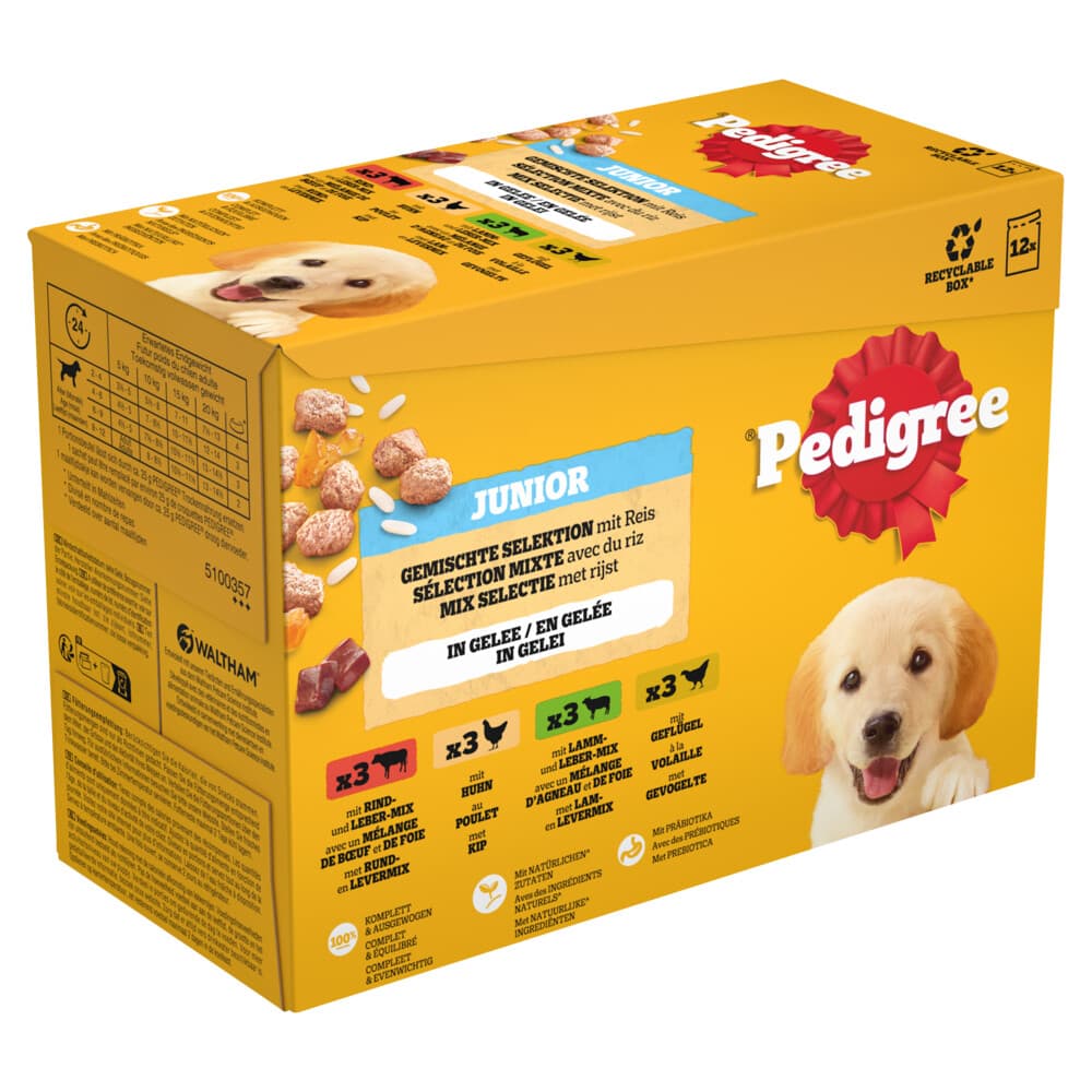 Pedigree Junior Hondenvoer in Gelei Mix Selectie Maaltijdzakjes Multipack 12x100 gr
