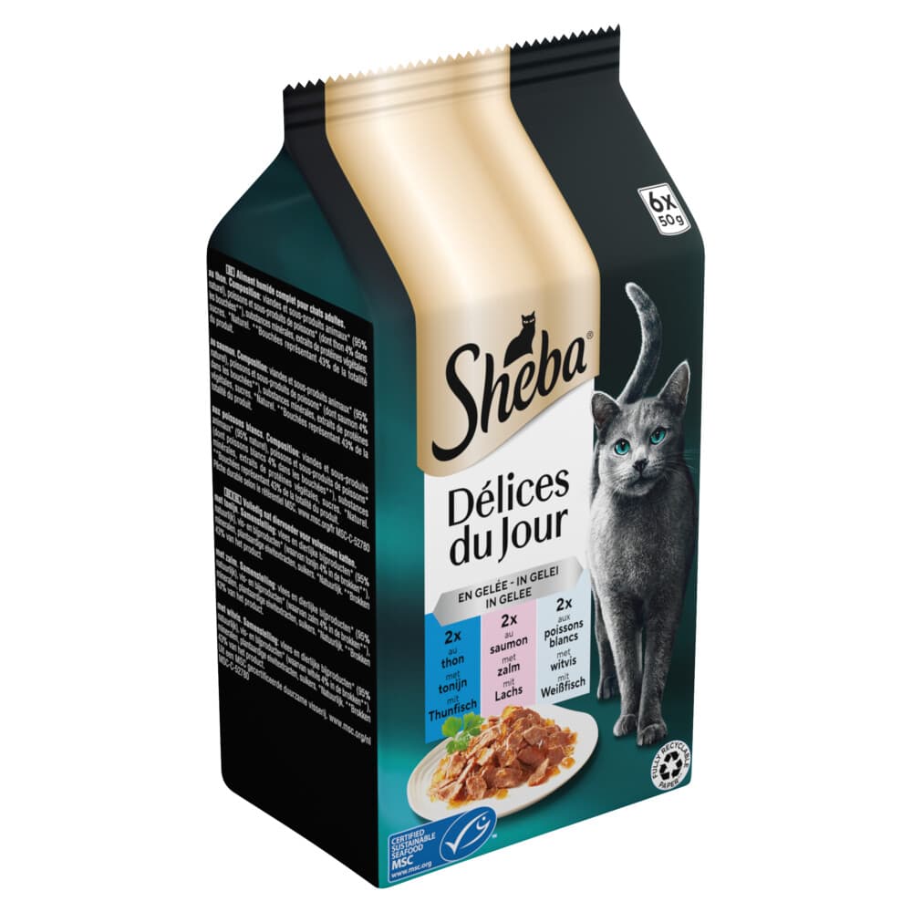 Sheba Délices Du Jour Kattenvoer Nat Selectie Maaltijdzakjes Multipack Gevogelte in Gelei 6x50 gr