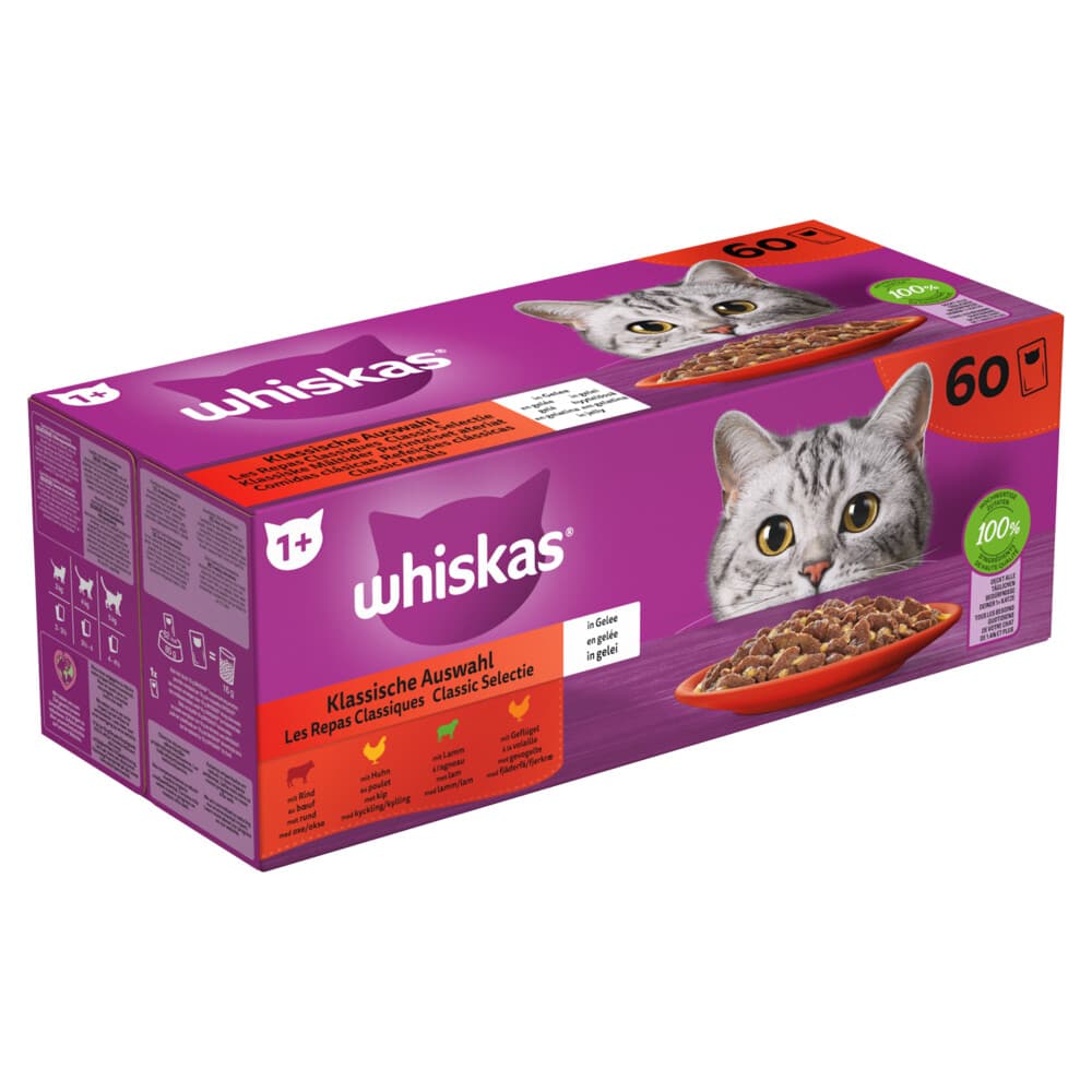 Whiskas Adult 1+ Classic Kattenvoer Nat Maaltijdzakjes Multipack Selectie in Gelei 60x85 gr