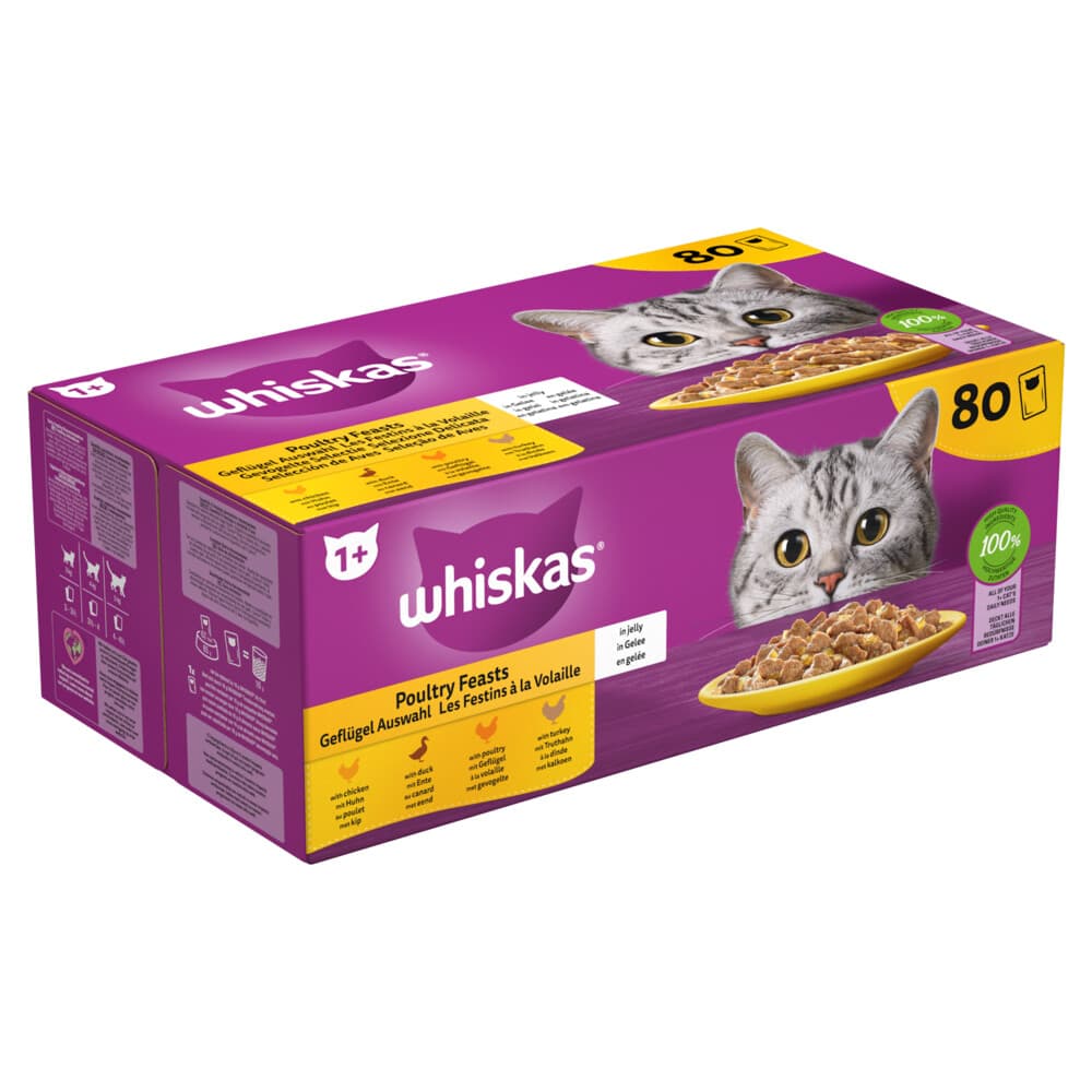 Whiskas Adult 1+ Kattenvoer Nat Maaltijdzakjes Multipack Gevogelte Selectie in Gelei 80x85 gr
