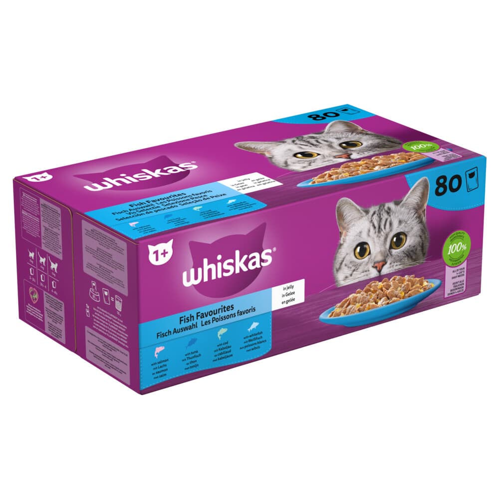 Whiskas Adult 1+ Kattenvoer Nat Maaltijdzakjes Multipack Vis Selectie in Gelei 80x85 gr