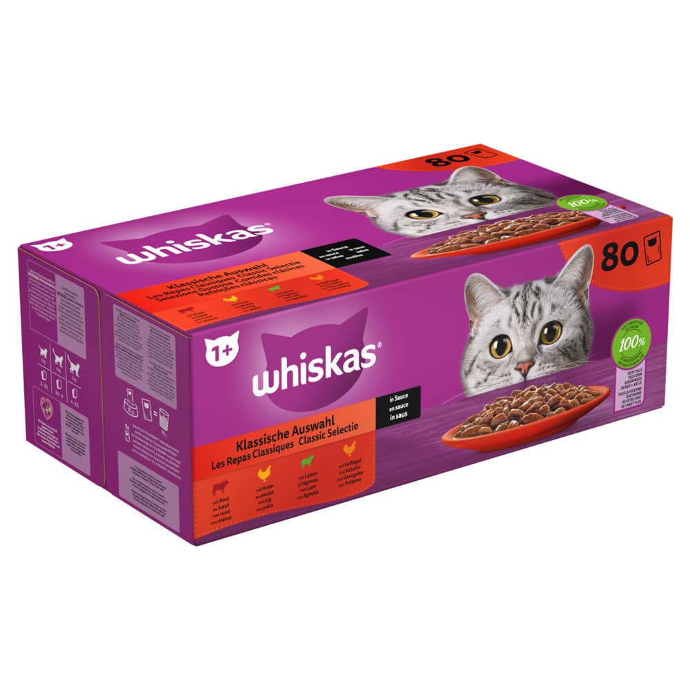 Whiskas 1+ Classic Kattenvoer Nat Maaltijdzakjes Multipack Selectie in Saus 80x85 gr