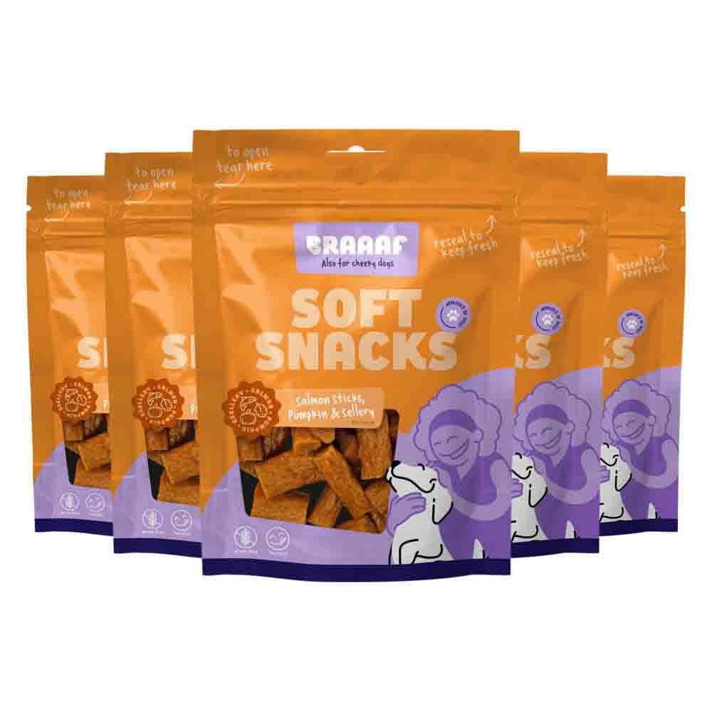 5x Braaaf Hondensnack Sticks Zalm - Pompoen - Selderij 85 gr