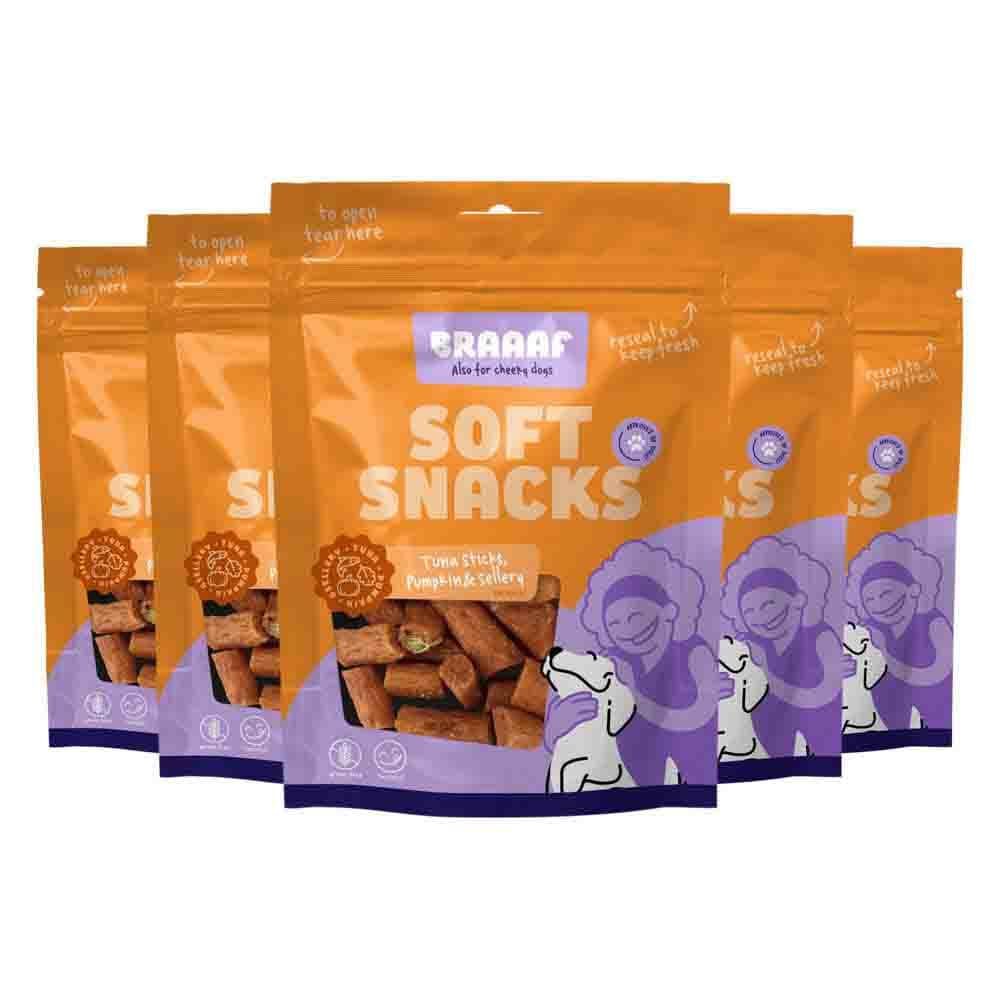 5x Braaaf Hondensnack Sticks Tonijn - Pompoen - Selderij 85 gr