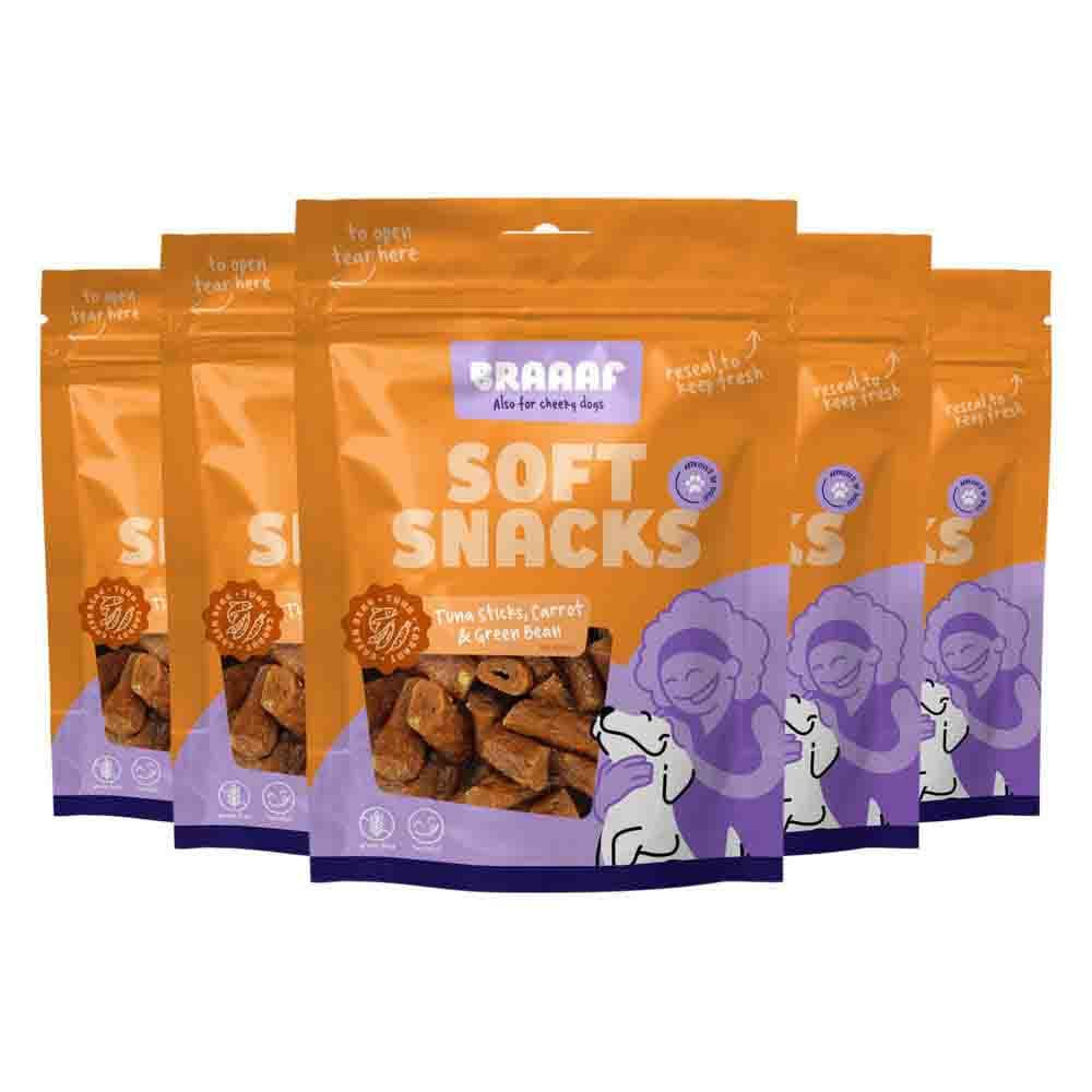 5x Braaaf Hondensnack Sticks Tonijn - Wortel - Sperzieboon 85 gr
