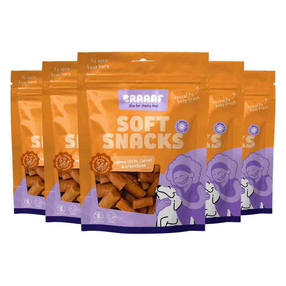 5x Braaaf Hondensnack Sticks Wortel - Sperzieboon - Zalm 85 gr