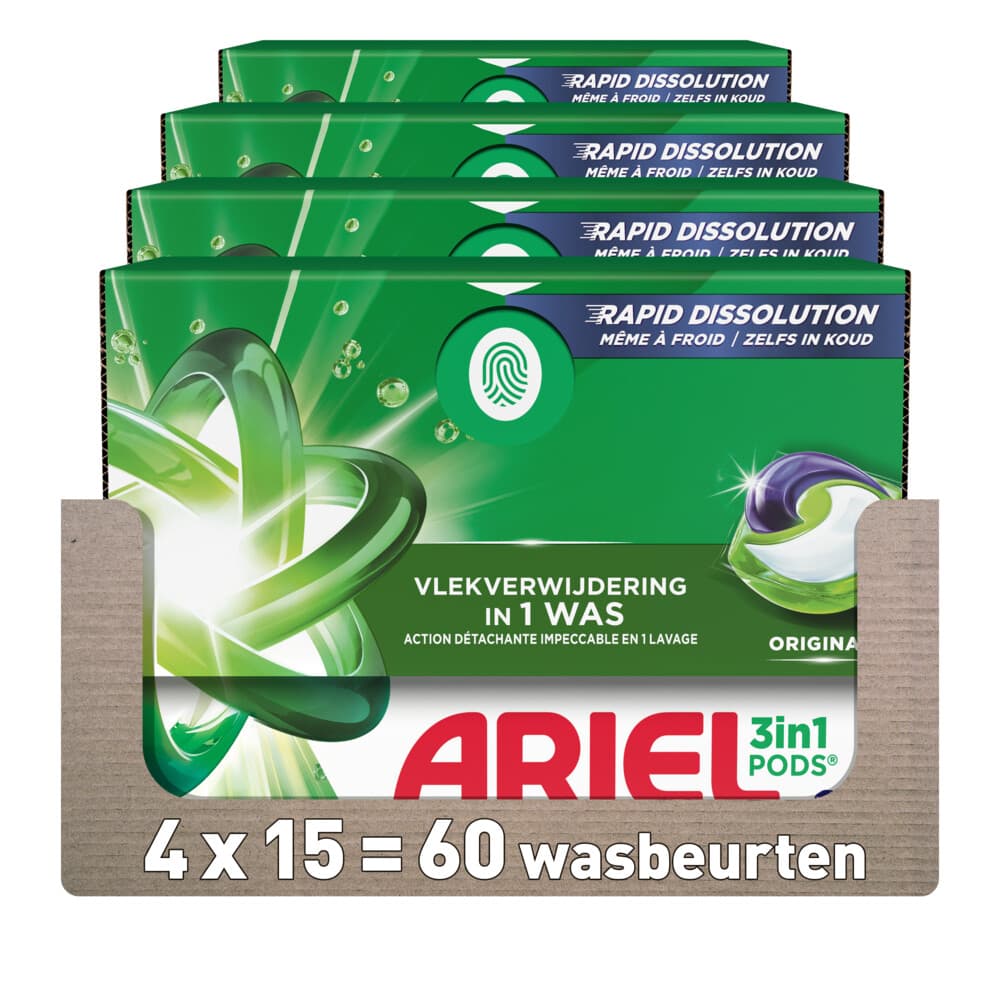 4x Ariel 3in1 Wasmiddel Pods Original 15 stuks