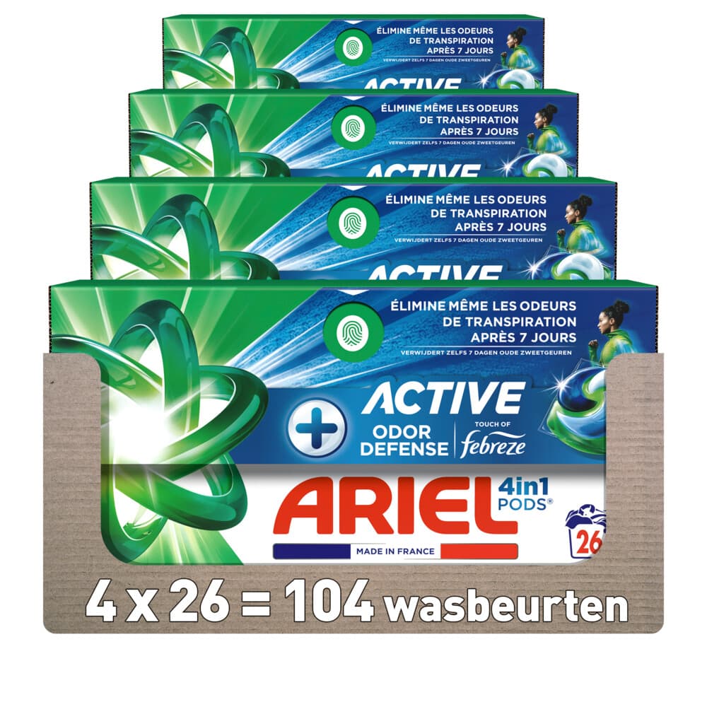 4x Ariel 4in1 Wasmiddel Pods Actieve Geurbestrijding 26 stuks