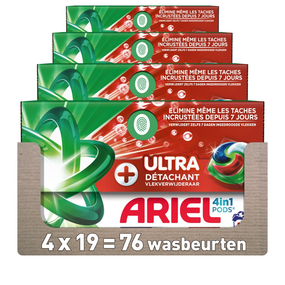 4x Ariel 4in1 Wasmiddel Pods Ultra Vlekverwijderaar 19 stuks