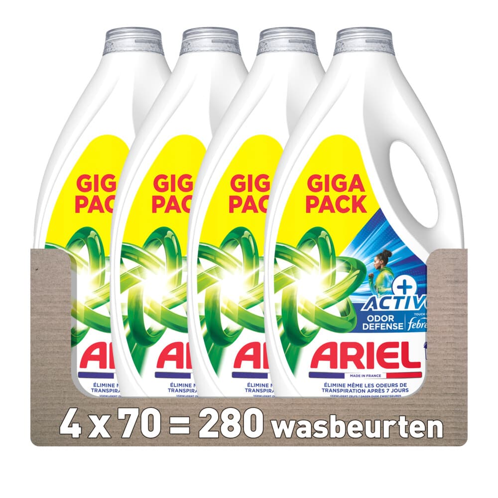 4x Ariel Vloeibaar Wasmiddel +Actieve Odor Defense 70 Wasbeurten 3,15 liter