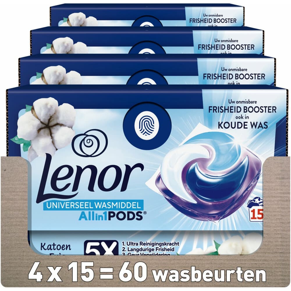4x Lenor Wasmiddel All-in-1 Pods Katoen Fris 15 stuks