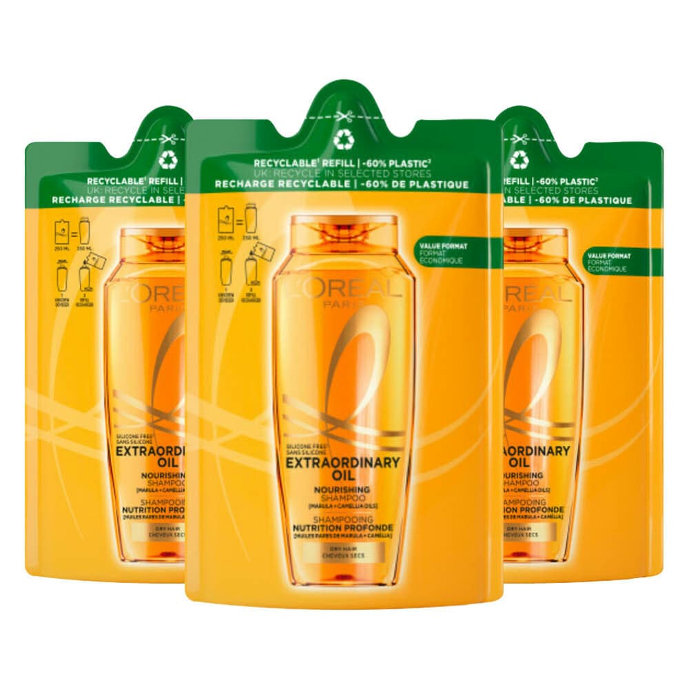 3x L'Oréal Elvive Extraordinary Oil Shampoo Refill 250 ml