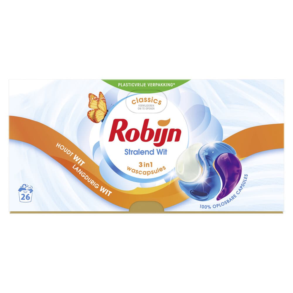 2+1 gratis: Robijn Wascapsules 3-in-1 Stralend Wit 26 stuks