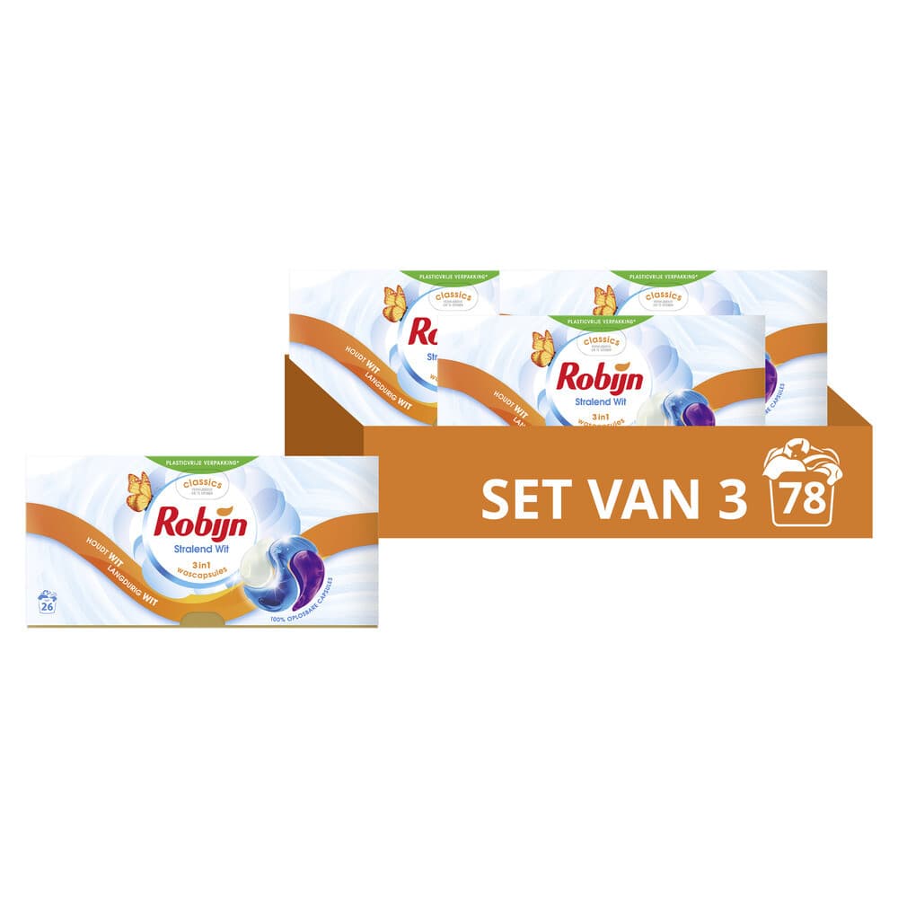 3x Robijn Wascapsules 3-in-1 Stralend Wit 26 stuks