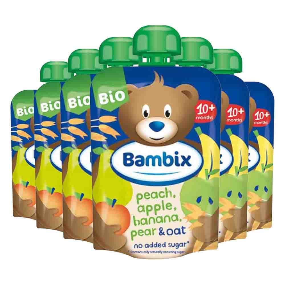 6x Bambix Knijpzakje Appel Perzik Banaan Peer Haver Bio 10+mnd 100 gr