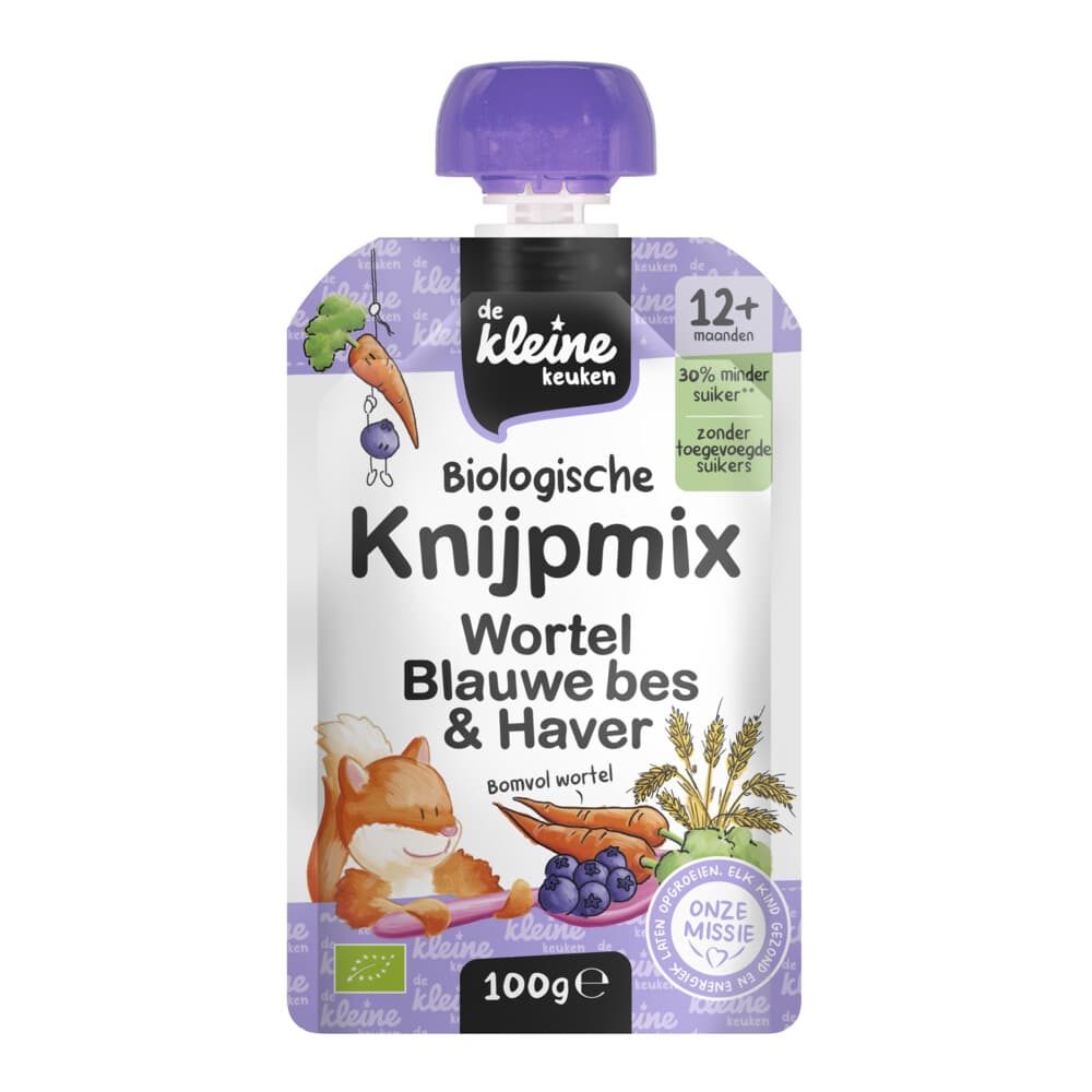 de Kleine Keuken Bio Knijpmix 12+m Wortel Blauwe bes Haver 100 gr