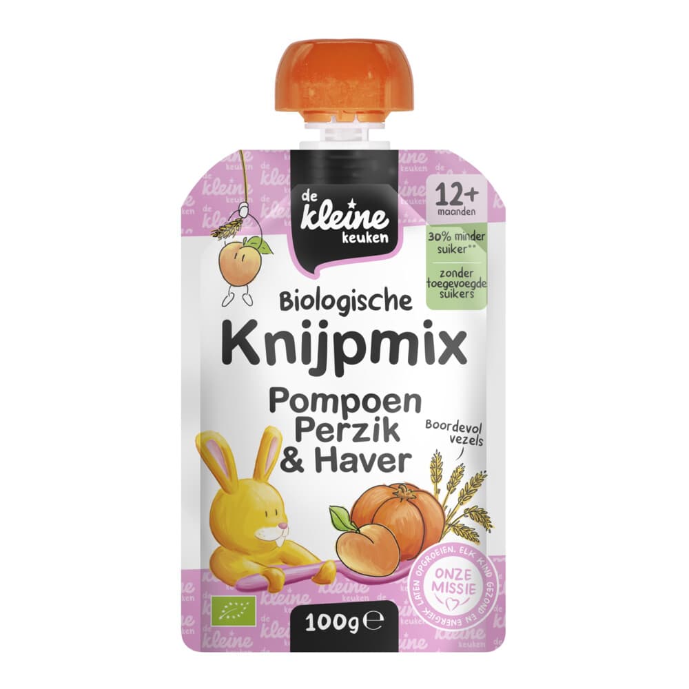 de Kleine Keuken Bio Knijpmix 12+m Pompoen Perzik Haver 100 gr