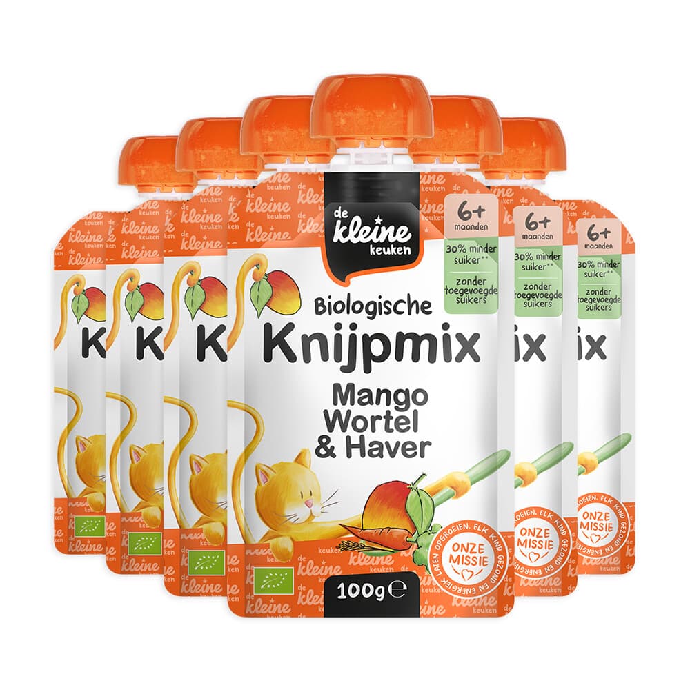 6x de Kleine Keuken Bio Knijpmix 6+m Mango Wortel Haver 100 gr