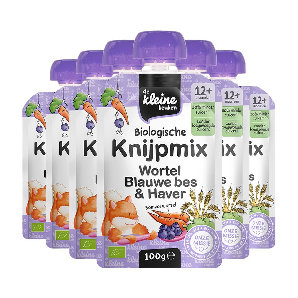 6x de Kleine Keuken Bio Knijpmix 12+m Wortel Blauwe bes Haver 100 gr