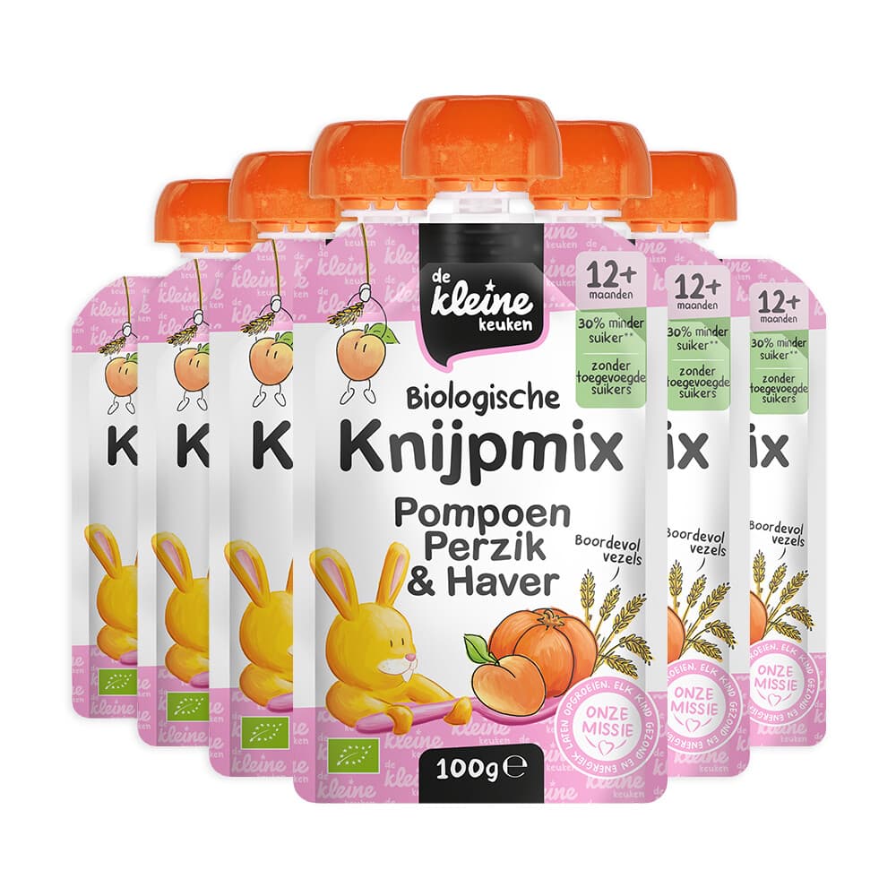 6x de Kleine Keuken Bio Knijpmix 12+m Pompoen Perzik Haver 100 gr